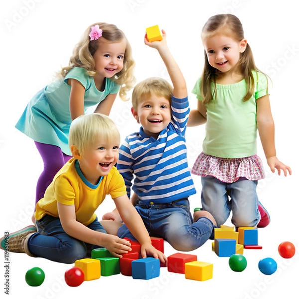 Obraz Happy Children Playing Colorful Blocks Together Preschool fun joy toys kids cute game     