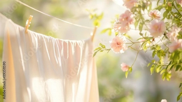 Obraz Sunlit white sheet drying on clothesline, pink flowers bloom