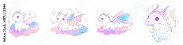 Obraz Adorable Pastel Baby Dragons on Clouds Fantasy Art Illustration Set