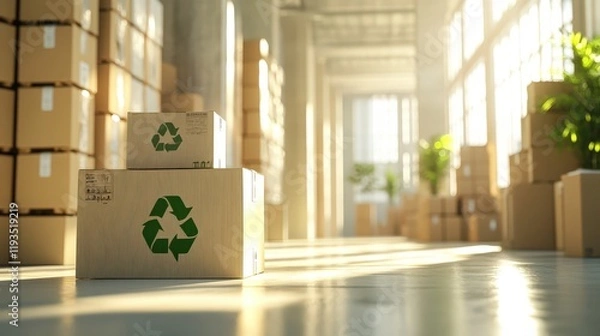Fototapeta Recycled Cardboard Boxes In A Bright Warehouse Setting