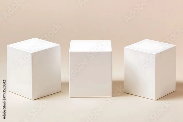Fototapeta Three Blank White Cubic Display Platforms Against a Beige Background