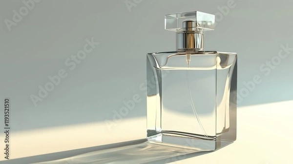 Fototapeta A clear glass perfume bottle with a sleek design, reflecting light elegantly.