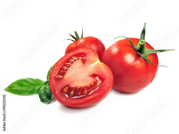 Obraz Fresh tomatoes and tomato slice with basil leaves, isolated on white.