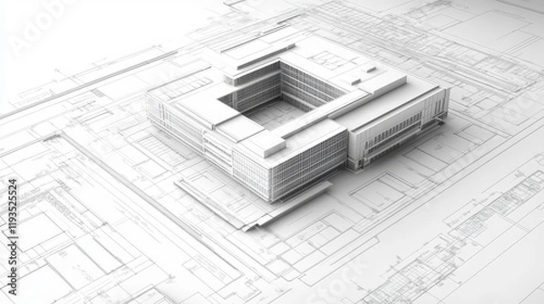 Obraz Wireframe blueprint drawing of 3D building. Vector architectural template background.