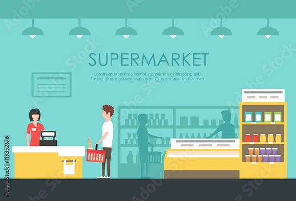 Obraz People in supermarket. Vector flat illustration. Grocery store