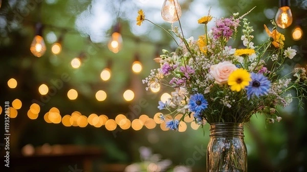 Fototapeta A rustic garden wedding with wildflower centerpieces and string lights