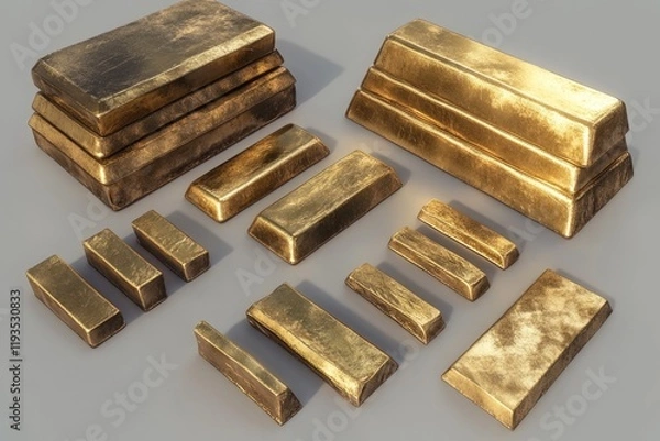Fototapeta A variety of gold bars are displayed neatly, reflecting light with their polished surfaces. The arrangement showcases different sizes and shapes emphasizing wealth