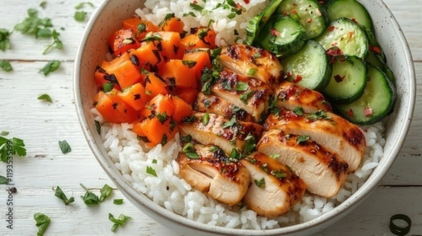 Fototapeta Minimalist Presentation of Rice, Chicken, and Vegetables in a Bowl on White Wooden Table
