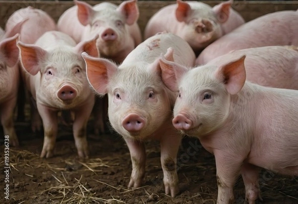 Fototapeta Three little pigs are standing in the dirt and gazing at the camera