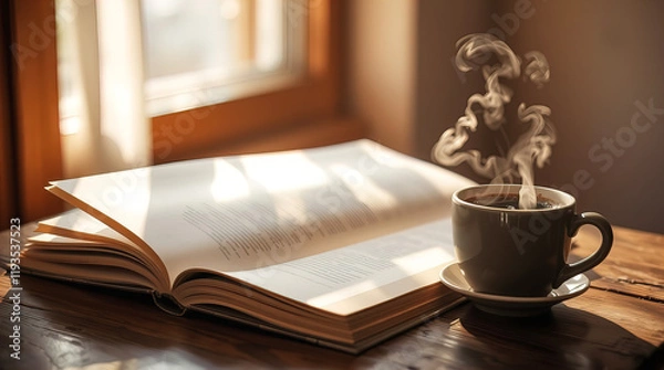 Fototapeta Open book and next to a cup of coffee on a wooden table by the window