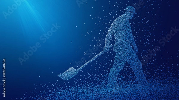Fototapeta Road worker of the particles. Worker standing with a shovel. Worker consists of small circles.
