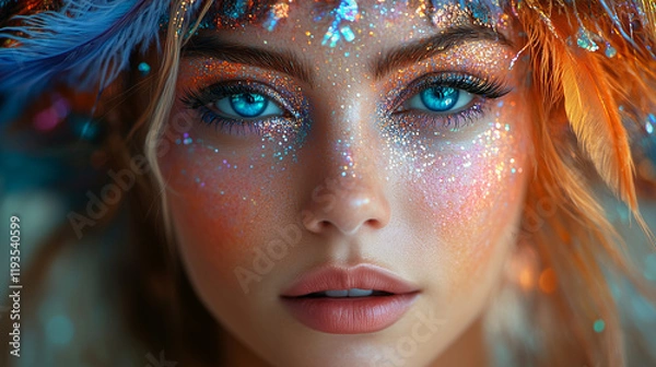 Fototapeta A mesmerizing close-up portrait of a carnival queen with striking blue eyes, shimmering glitter makeup, and radiant feathers, embodying the magic and vibrancy of a festive celebration.