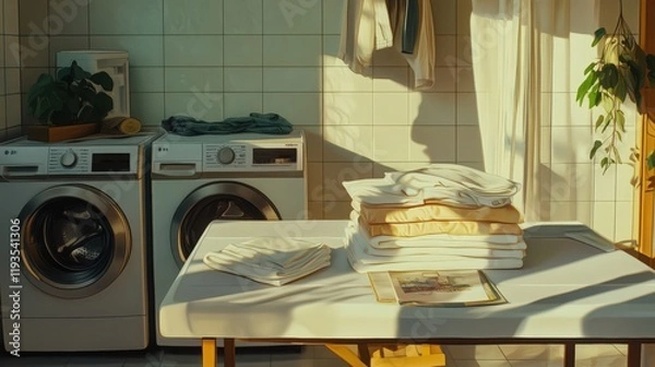 Fototapeta Laundry room with two washing machines and folded clothes on table in sunlight