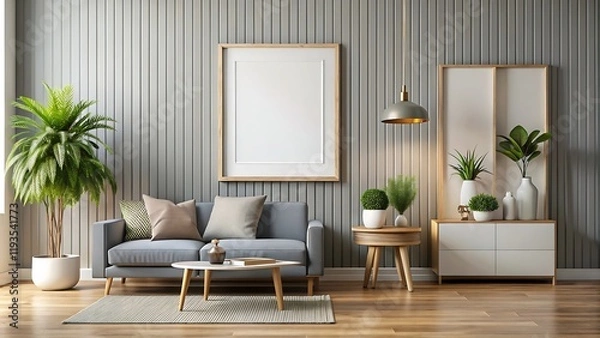 Fototapeta Modern home interior background, mock up poster wall, 3d render, white Mock up frame