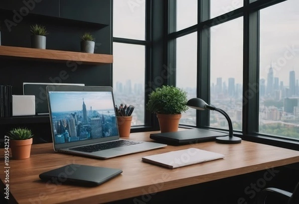 Obraz An apple desktop computer is placed on a desk positioned in front of a window
