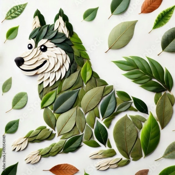 Fototapeta A flat husky dog made from green leaves and a white background, decorative arrangement art 0643
