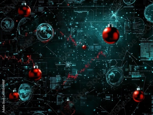 Fototapeta A modern digital landscape showcasing festive ornaments amidst financial data and global projections in a high-tech theme