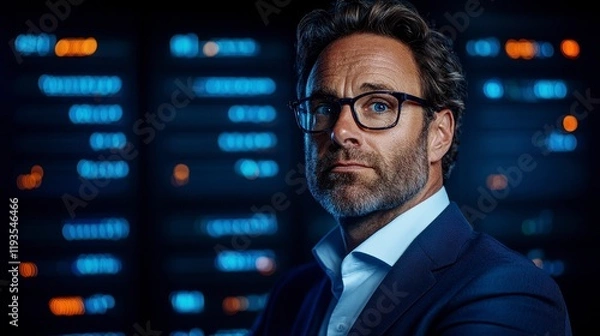 Obraz Confident business professional standing in front of technology servers, showcasing modern corporate environment and expertise.