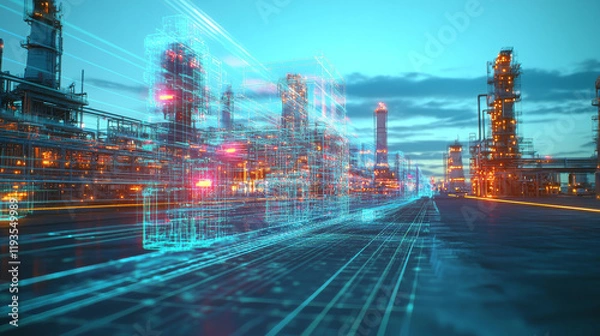 Fototapeta The hologram industry. Cooling towers made of polygons, triangles of points and lines. Factory low-poly compound structure. Technology concept vector.