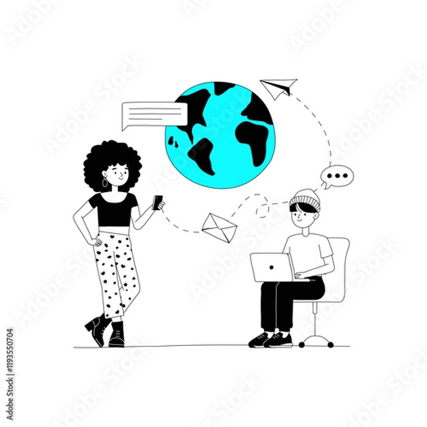 Obraz Global Digital Connection With People Communicating Through Devices In Flat Vector Illustration Symbolizing Remote Work, Networking, And Worldwide Communication, Isolated On White Background