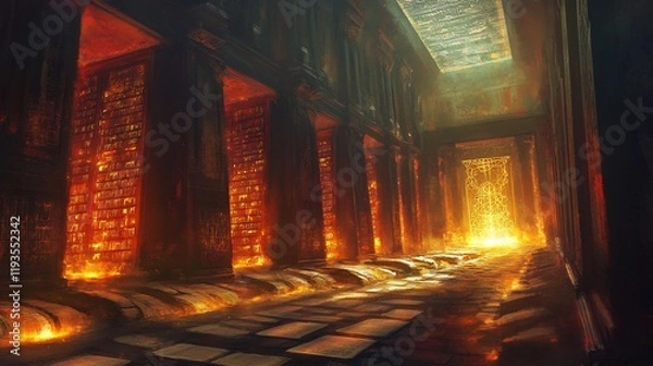 Fototapeta Depiction of ancient libraries filled glowing scrolls and manuscripts illuminated by philosophical light