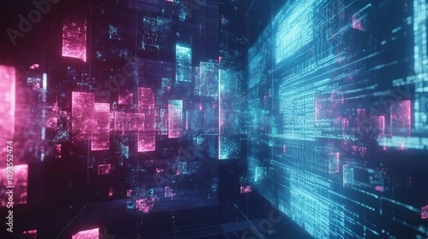 Fototapeta Conceptual visualization of quantum AI integration, with quantum circuits interacting with artificial intelligence algorithms on a digital screen