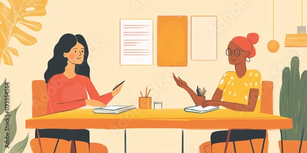 Obraz Collaborative Teamwork in a Cartoon-Style Office Setting