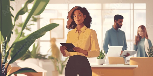 Obraz Collaborative Teamwork in a Cartoon-Style Office Setting