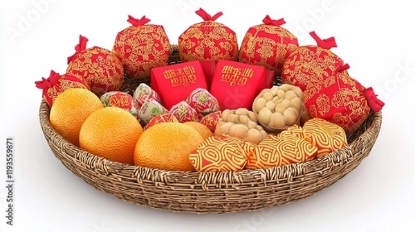Fototapeta Festive wicker basket filled with oranges, sweets, and red envelopes.