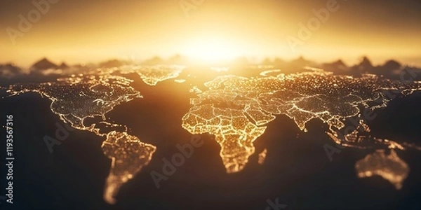 Fototapeta A glowing map of the world at sunset, with illuminated cities and geographical outlines visible against a dark background. Concept World Map at Sunset, Illuminated Cities, Geographical Outlines