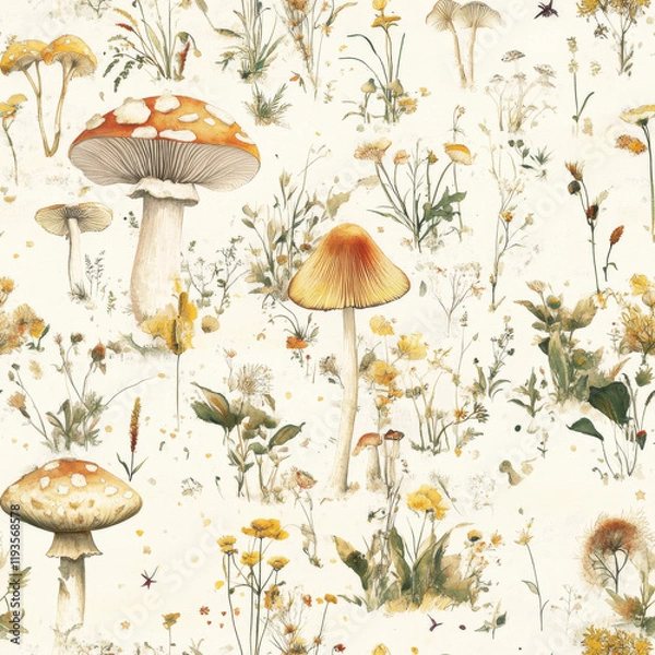 Obraz Mushroom Meadow Pattern: A charming seamless pattern featuring an array of whimsical mushrooms and wildflowers in a delicate watercolor style, evoking a sense of tranquility and natural beauty.  