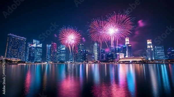 Fototapeta Vibrant Fireworks Display Over Singapore City Skyline