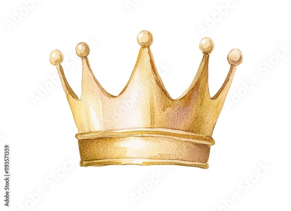 Fototapeta Golden crown watercolor illustration with soft texture and detailed highlights. Ideal for themes of royalty, luxury, and celebration. Isolated on transparent background, png.