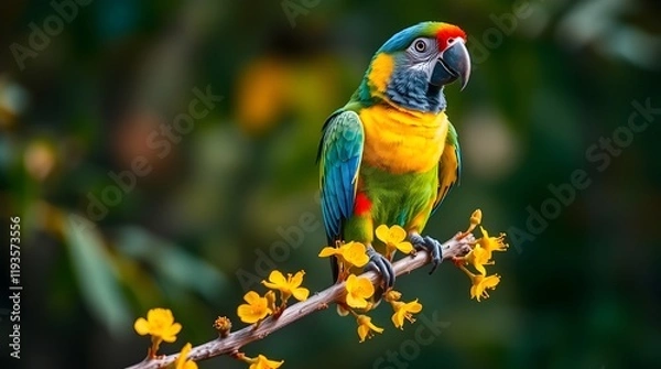 Fototapeta Creative light art, tight close-up shot, detailed focus, artistic lighting, abstract patterns, parrot with bright blue, green, yellow, and red plumage, brown branch with leaves, blurred green and brow