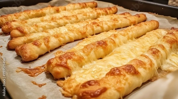 Fototapeta Homemade cheesy garlic bread sticks, warm and cheesy, perfect for dipping in marinara sauce or enjoying on their own.