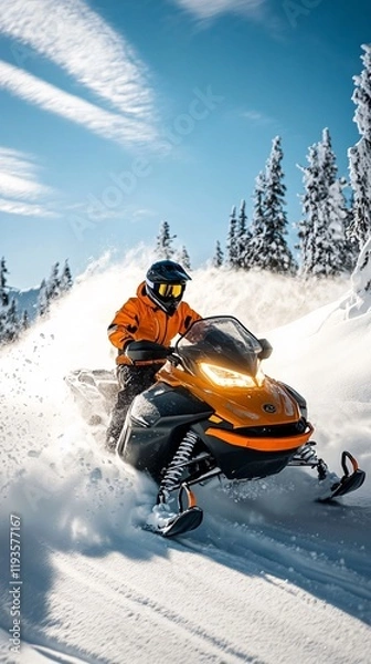 Fototapeta fast driving on a snowmobile