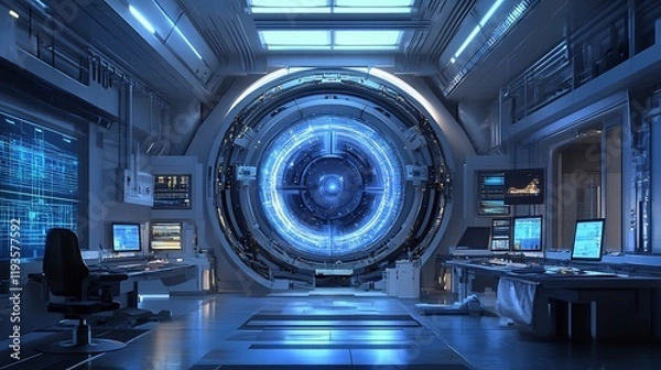 Fototapeta Experimental setups particle accelerators surrounded futuristic scientific illustrations and theoretical physics representations