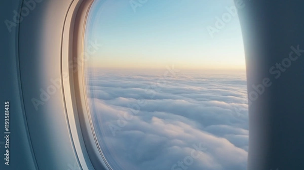 Fototapeta A view of fluffy clouds and a blue sky through an airplane window, symbolizing travel, freedom, and exploration.