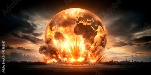 Fototapeta An explosive event causing a fiery detonation by the Earth, with intense flames and smoke against a darkening sky. Concept Fiery Detonation, Explosive Event, Intense Flames, Darkening Sky