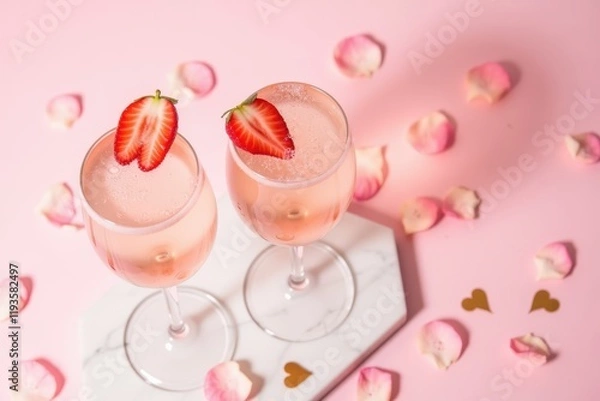 Fototapeta Elegant Champagne Cocktails Decorated with Fresh Strawberries Surrounded by Rose Petals and Hearts on a Soft Pink Background for Romantic Celebrations