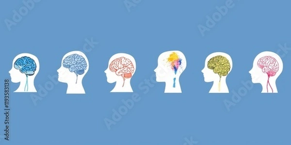 Obraz silhouette heads in a row each with vibrant interior brain art bright minimal background representing creativity copyspace concept of psychology therapy health