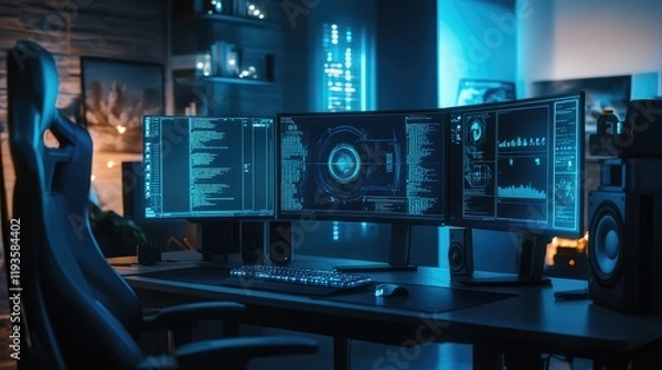 Fototapeta High-tech computing setup with advanced processors, holographic displays, and neon-blue data streams