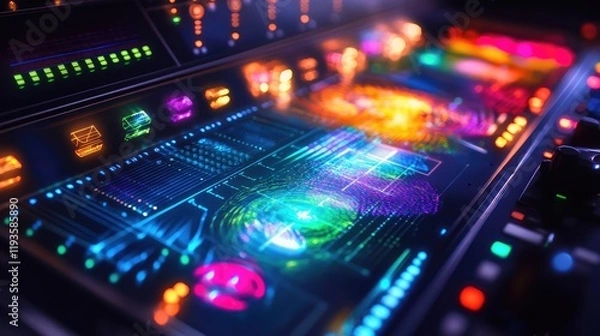 Obraz High-tech control panel for a quantum computer, displaying colorful, dynamic holograms