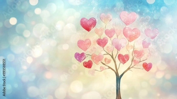 Fototapeta A whimsical tree with pink and red heart leaves against a bokeh background of blue and gold