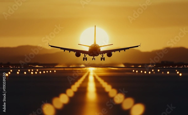 Fototapeta Airplane silhouette on a runway with a glowing sunset behind, capturing travel, aviation, and adventure themes.