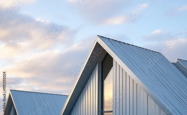 Fototapeta Geometric modern architecture with a sleek triangular roof, wooden accents, and a blue sky backdrop showcasing contemporary design.
