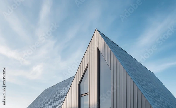 Fototapeta Geometric modern architecture with a sleek triangular roof, wooden accents, and a blue sky backdrop showcasing contemporary design.