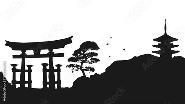 Obraz Silhouette of Japanese landscape with torii gate, pine tree on a rock, flying birds, ancient pagoda. Japan scene with traditional Asian buildings. Black vector illustration on a transparent background