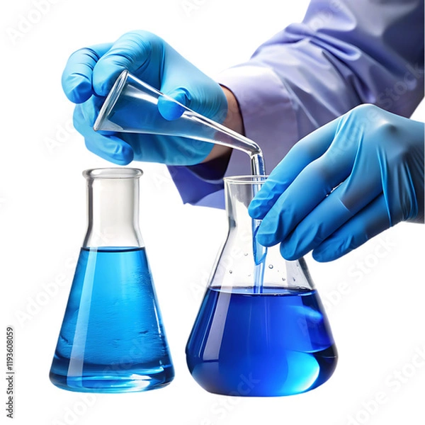 Obraz Scientist Pouring Blue Liquid Chemical Experiment Lab flask study fluid gloves science    
