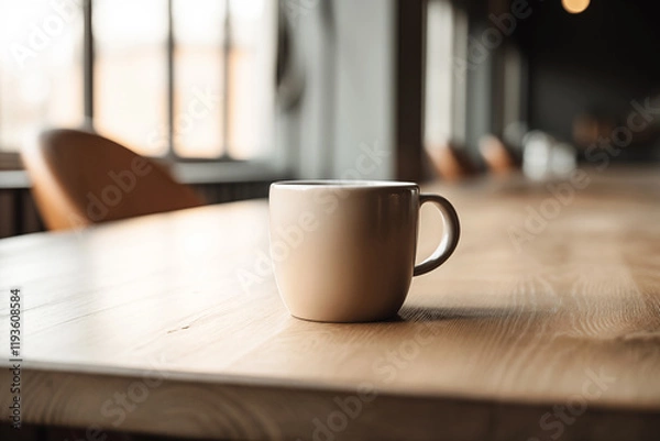Obraz Neutral Ceramic Mug on Wooden Table with Cafe Background